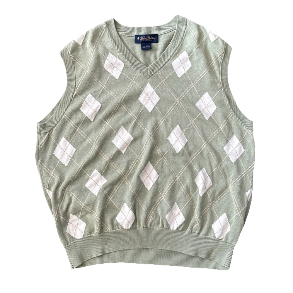 Brooks Brothers Sweater Vest Men's Large Argyle Silk Cotton Green V-Neck